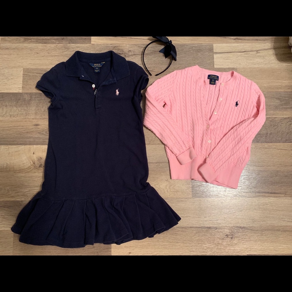 Polo Ralph Lauren dress and pink sweater